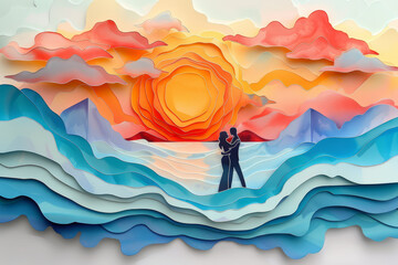 Silhouetted couple sharing a kiss against a vibrant abstract sunset over textured waves, evoking...
