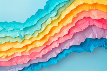 Abstract undulating paper waves in a gradient of pastel colors creating a dynamic and artistic...