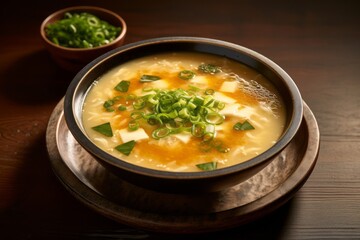 Juicy miso soup on a porcelain platter against a rice paper background