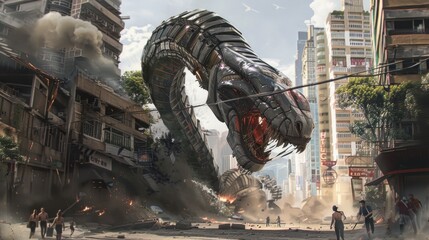 Giant snake robots attack the city and people run around AI generated image - obrazy, fototapety, plakaty
