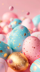 Fototapeta na wymiar abstract easter background with painted pastel blue and pink and golden eggs closeup copy space