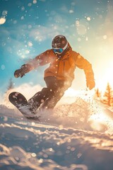  A snowboarder is engaged in freeriding. The rush of freeriding, capturing the excitement of fast descents.
