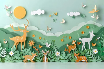 A tranquil sunset scene in paper art, showcasing silhouetted deer against a backdrop of layered mountains and flying birds..