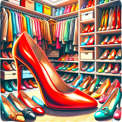 A large red high-heeled shoe dominates the foreground with a vast collection of shoes organized neatly on shelves behind it - 762491441