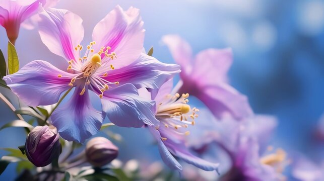 Pink and blue flowers on smudged blue background, banner with space for your own content. Flowering flowers, a symbol of spring, new life.