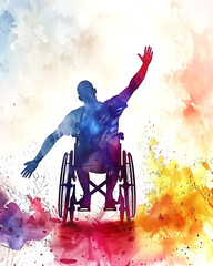 an athlete in a wheelchair takes part in a race. watercolor. desire to win. overcoming life's difficulties. - obrazy, fototapety, plakaty