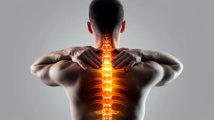 man from behind holding his neck, with a digital illustration overlay showing the spine and vertebral column glowing in orange, indicating back pain or spinal issues