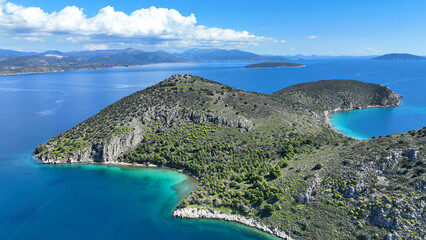 Aerial drone photo of small exotic island of Romvi next to famous long beach of Tolo, Argolida, Peloponnese, Greece - obrazy, fototapety, plakaty