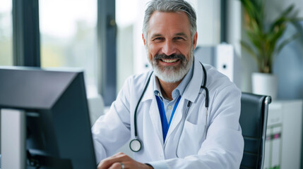 smiling, middle-aged male doctor working on a computer - obrazy, fototapety, plakaty