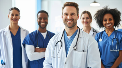 Fototapeta premium diverse group of smiling healthcare professionals, including doctors and nurses