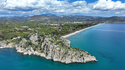 Fototapeta na wymiar Aerial drone photo of paradise long beach of Asini and Kastraki next to famous seaside village of Tolo, Argolida, Peloponnese, Greece