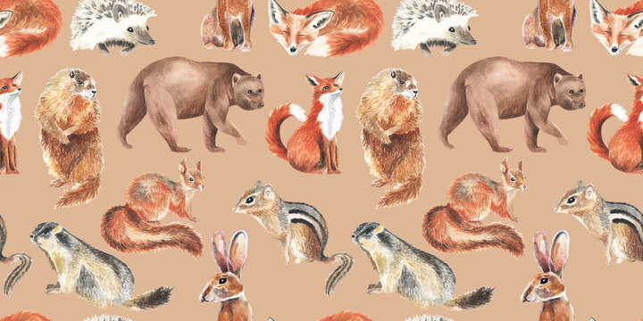 Cute squirrel, groundhog, bear, fox, hare, hedgehog, chipmunk. Forest little animals repeat seamless pattern. Watercolor hand paint illustration. Ideal wallpaper or baby fabric design.