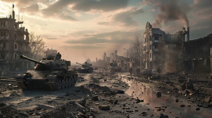 A war tank passes through a city with destroyed buildings AI generated image - obrazy, fototapety, plakaty