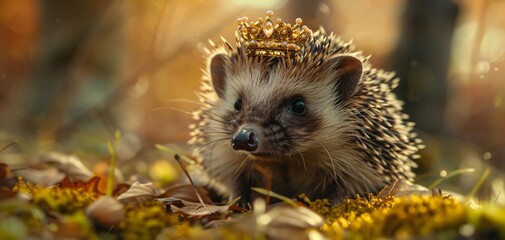Hedgehog with a small tiara nestled among its quills a prickly monarch in a miniature kingdom