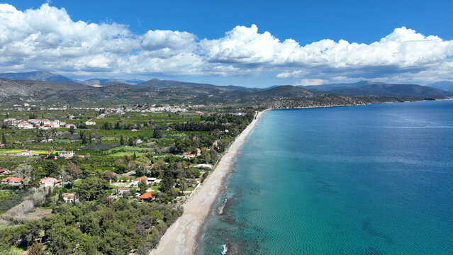 Aerial drone photo of paradise long beach of Asini and Kastraki next to famous seaside village of Tolo, Argolida, Peloponnese, Greece