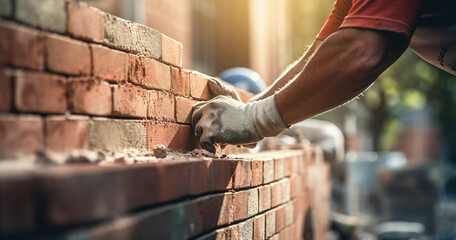 brick hands, bricklayer laying brick, brick wall house, building walls, brick walls - obrazy, fototapety, plakaty