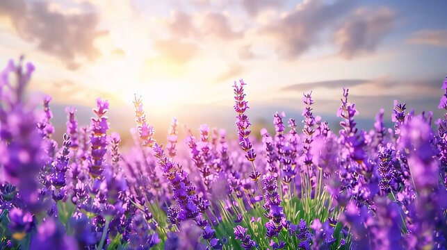 Purple lavender flowers on the background of the setting sun. Large field, banner with space for your own content. Flowering flowers, a symbol of spring, new life.