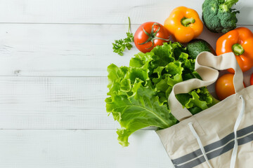 Diet concept detail with shopping bag with healthy food on white table and measure meter. Top view. Horizontal composition.