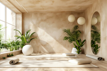 A yoga studio with a white wall and a large mirror. The room is filled with plants and a white ball