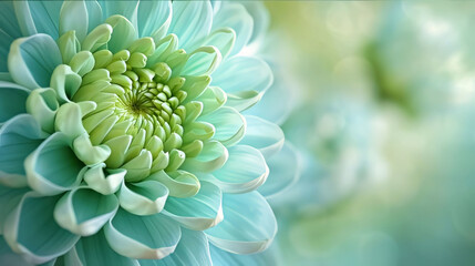 White hydrangea flower, chrysanthemum on light green background, banner with space for your own content. Flowering flowers, a symbol of spring, new life. - obrazy, fototapety, plakaty