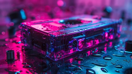 Retro cassette tape bathed in magenta and cyan lights on a reflective surface