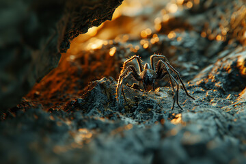 Spider crawling in the cave. Dangerous insect from fairytale. - obrazy, fototapety, plakaty
