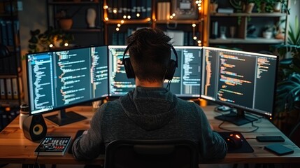 A software engineer debugging code on multiple monitors in a tech-filled office, representing concentration and problem-solving skills