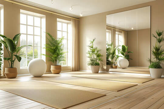 A yoga studio with a white wall and a large mirror. The room is filled with plants and a white ball