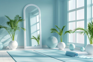 A yoga studio with a large mirror and plants. The room is bright and inviting, with a blue yoga mat and a blue ball