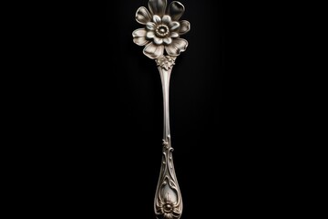 Tarnished Silver antique spoon tool. Shiny ancient eating teaspoon with decoration elements. Generate ai