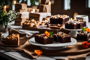 Obraz na płótnie Canvas Chocolate cake with nuts and berries on plates.