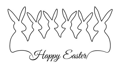 Text Happy Easter. Cute simple Easter Bunnies or Rabbits cartoon line art banner. Line drawing style of the Chinese new year. Icon, logo, symbol and print template