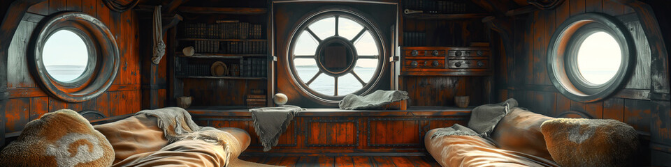 interior of captain cabin bedroom on medieval pirate ship. Inside wooden ancient sail boat - obrazy, fototapety, plakaty