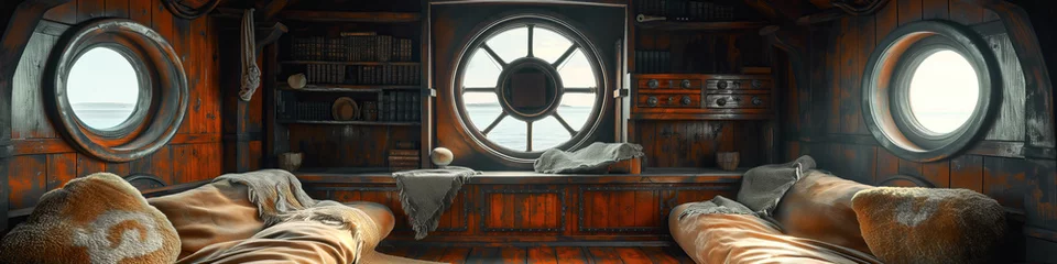 Muurstickers interior of captain cabin bedroom on medieval pirate ship. Inside wooden ancient sail boat © alexkoral