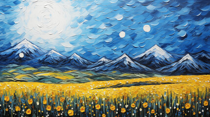Impressionist Style Painting of Snow-Capped Mountains and a Blooming Field