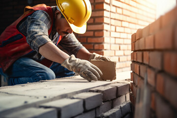 building walls, bricklayer building walls, brick walls, brick laying, adjusting bricks, Worker builds