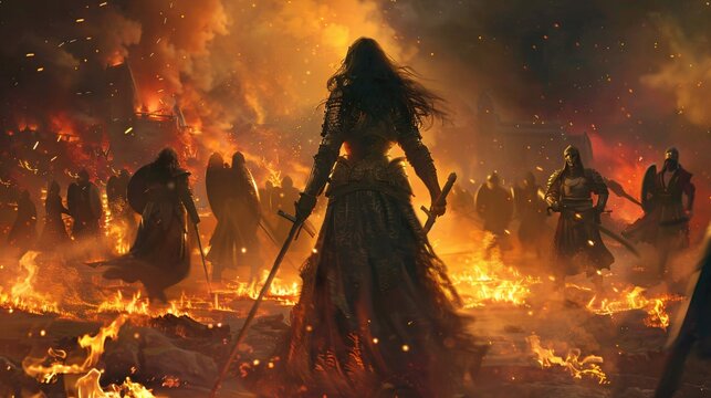 Leading a rebellion a determined fantasy woman rallies her allies with fiery resolve
