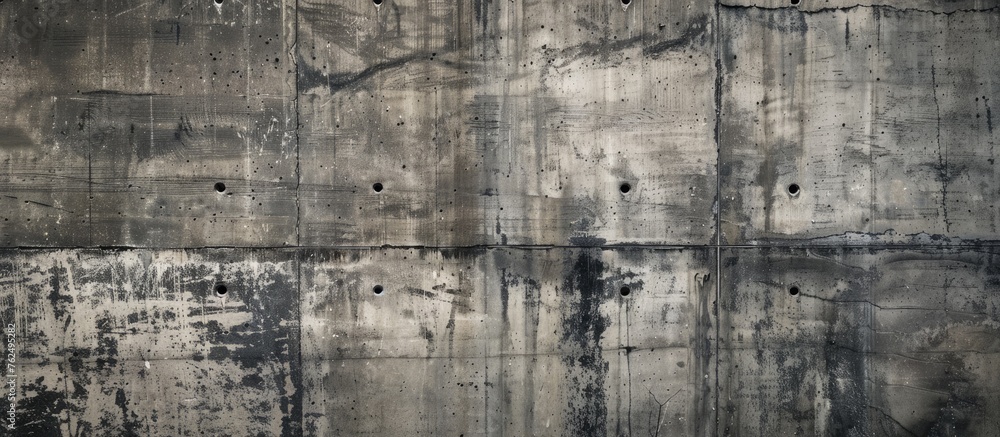Poster a closeup of a grey concrete wall with holes in a patterned rectangle shape, creating an artistic mo