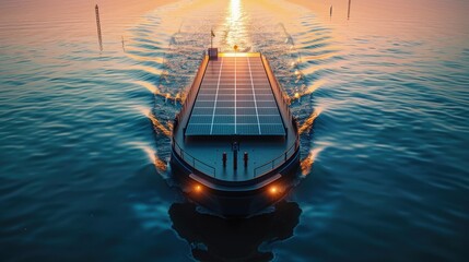 Electric cargo ships powered by solar panels - obrazy, fototapety, plakaty