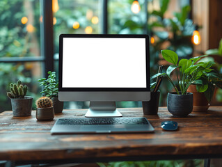 Mockup template of a desktop computer screen in a nice home office with minimal design, surrounded by greenery. PNG transparent mockup image