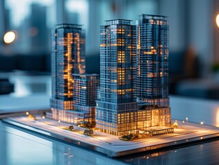 Real estate investment concept, detailed architectural model of modern buildings on desk