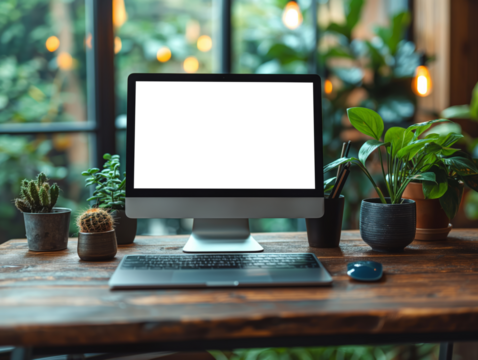 Mockup template of a desktop computer screen in a nice home office with minimal design, surrounded by greenery. PNG transparent mockup image