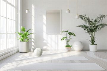 A room with a white wall and a large mirror. The room is filled with potted plants and white furniture. The plants are placed in various spots around the room, including on the floor and on a table