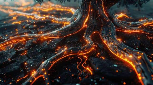 The concept of tree roots with light cables combines nature and technology AI generated image