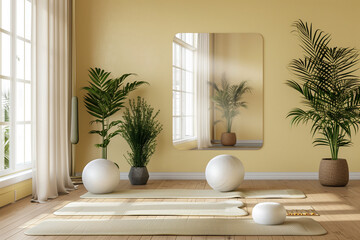 A yellow room with a large mirror and plants. The room is bright and inviting, with a focus on...
