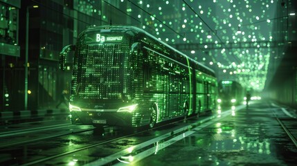 Green public transport systems. Electric buses, digital scheduling. concept. Eco-awareness, green future