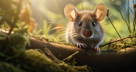 Household pest, Wild mouse, City rat, Cute Wood mouse, background of the forest