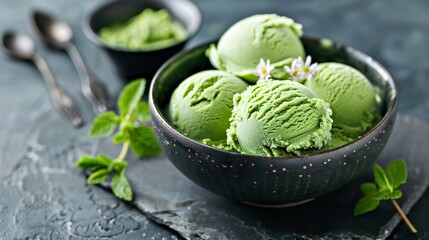 Matcha green tea ice cream a refreshing flavor with a vibrant green hue and a subtly bitter aftertaste - obrazy, fototapety, plakaty