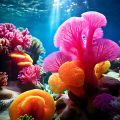colorful sponges growing under the water, sponges growing AI generated image.