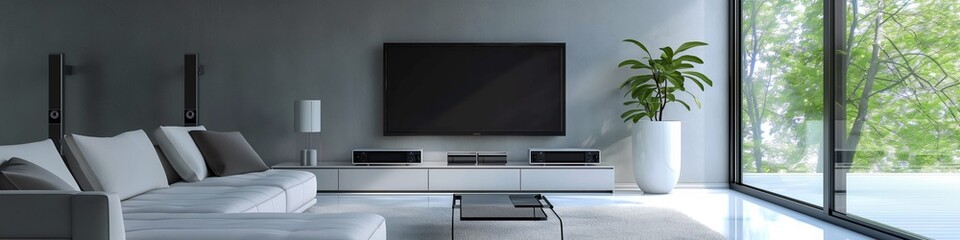 The modern living room's loft interior design features a gray sofa and TV unit.